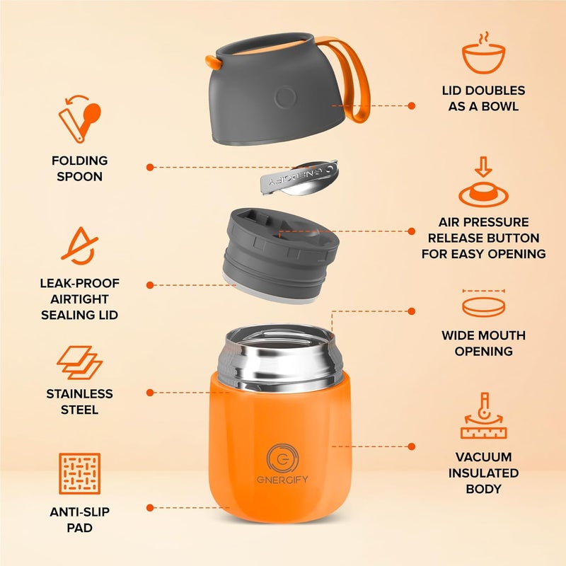 ENERGIFY Vacuum Insulated Food Jar. Large 17oz Bowl incl. Folding Spoon, Cup. Wide Mouth Keep Hot & Cold Drinks Soup Lunch Container for Adults. BPA-Free Stainless Steel, Leak Proof Orange - Image 2